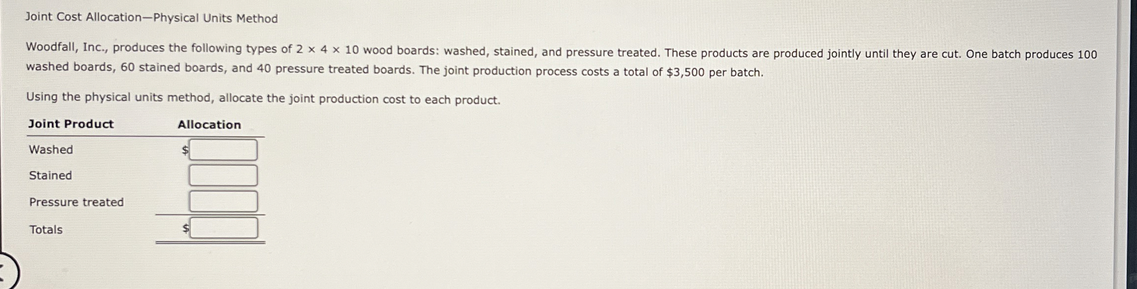  Joint Cost Allocation-Physical Units Method Woodfall, Inc., produces the following types