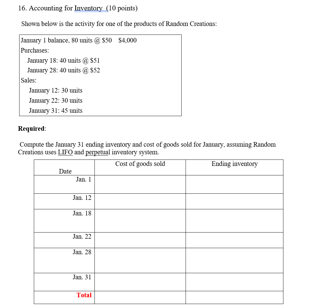  Accounting for Inventory (10 points) Shown below is the activity for