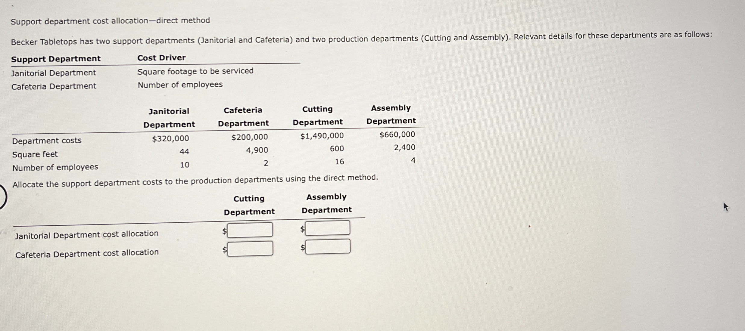  Support department cost allocation-direct method Allocate the support department costs to