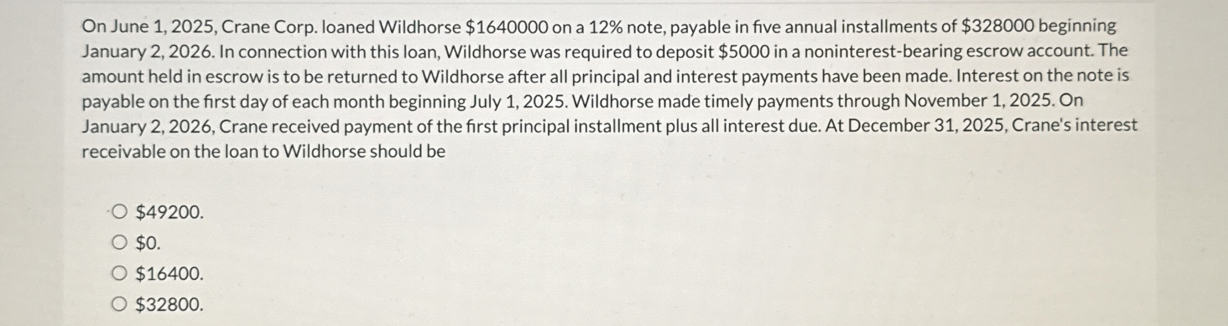  On June 1,2025, Crane Corp. loaned Wildhorse $1640000 on a 12%