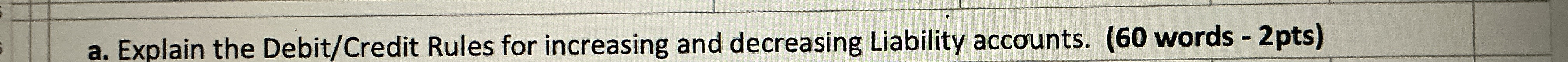  a. Explain the Debit/Credit Rules for increasing and decreasing Liability accounts.