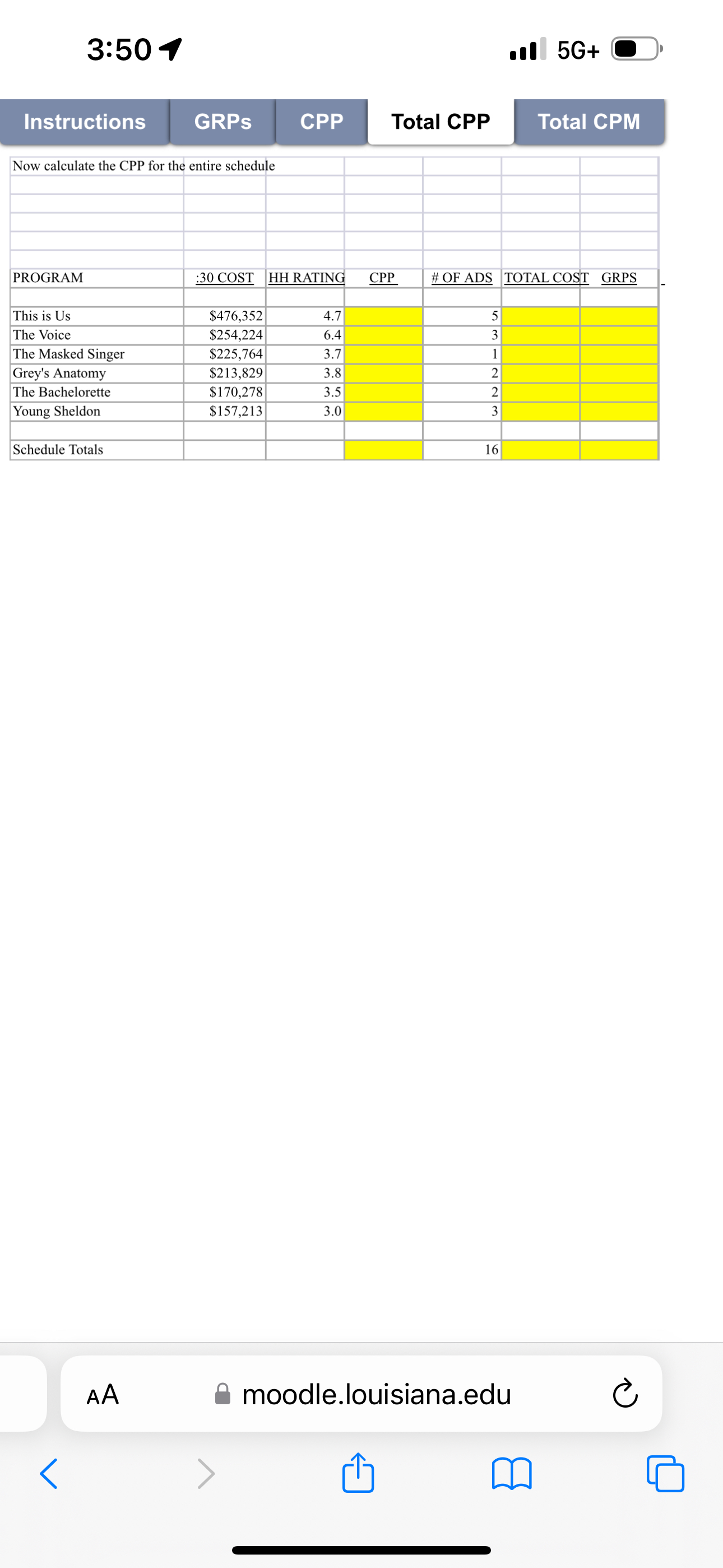  3:504 ill 5G+ Instructions GRPs CPP Total CPP Total CPM \table[[Now