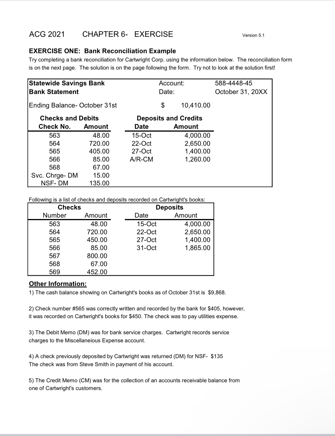  EXERCISE ONE: Bank Reconciliation Example Try completing a bank reconciliation for