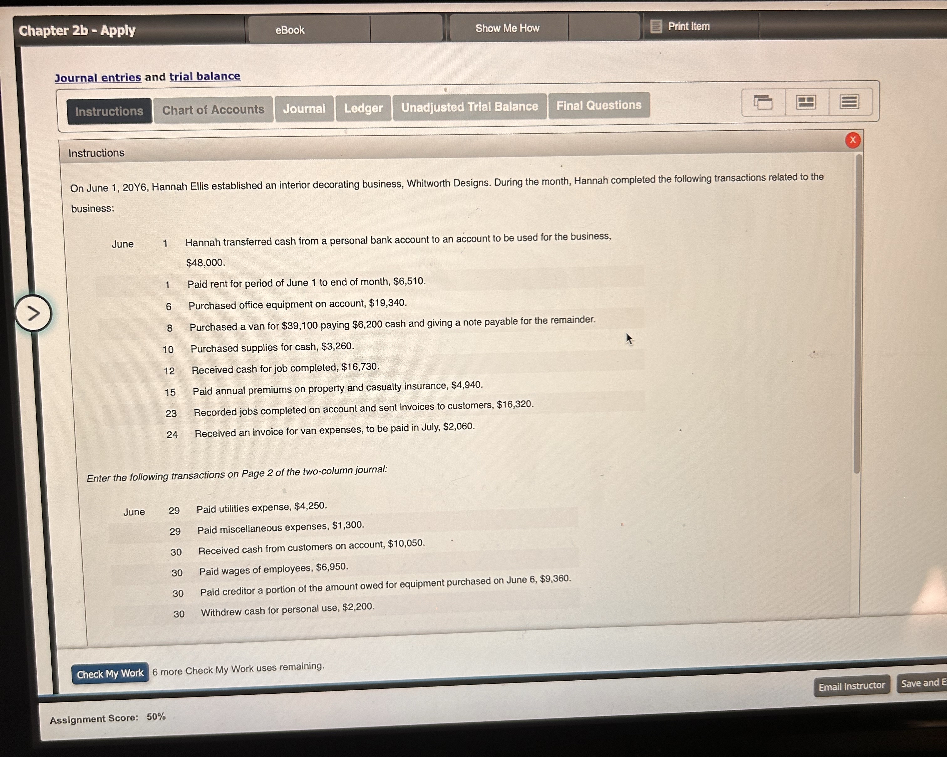  Instructions On June 1,20Y6, Hannah Ellis established an interior decorating business,