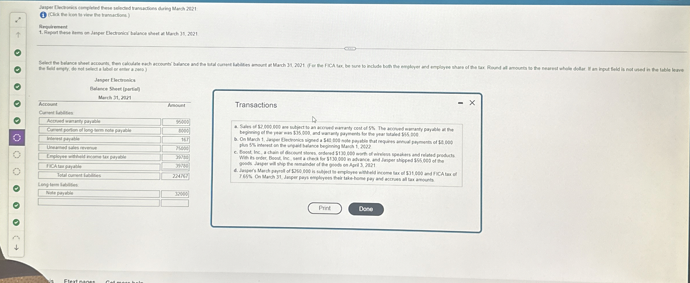  Jasper Electronics completed these selected transactions during March 2021 (Click the