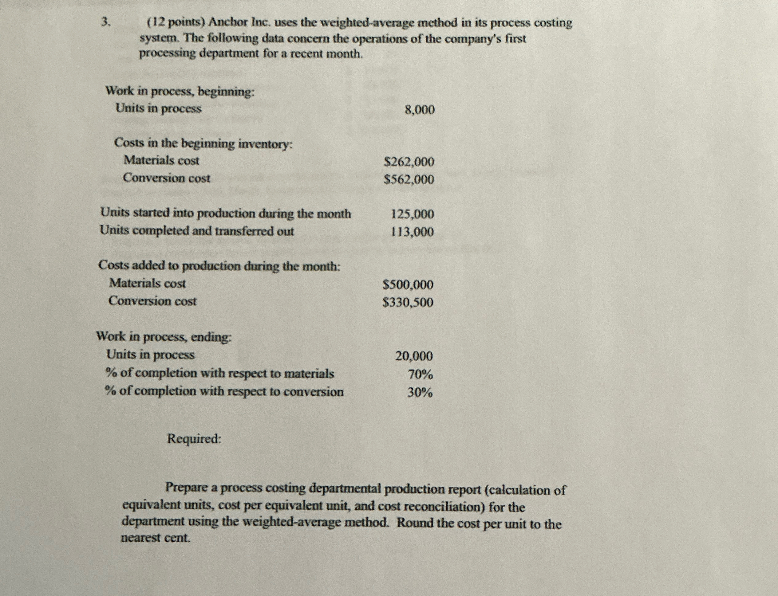  (12 points) Anchor Inc. uses the weighted-average method in its process