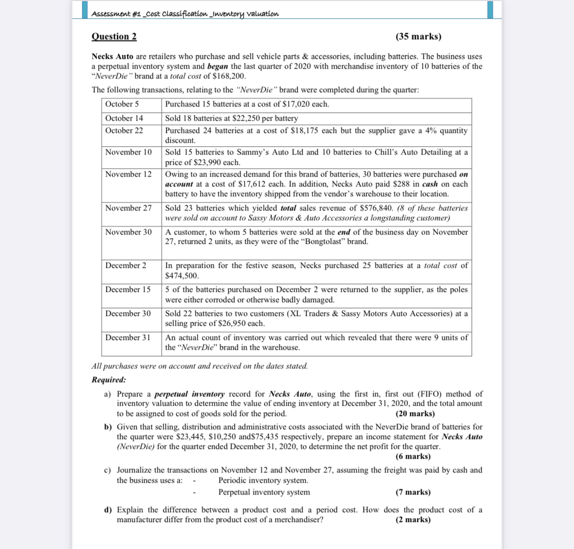  Assessment #1_cost Classification _Inventory valuation Question 2 (35 marks) Necks Auto