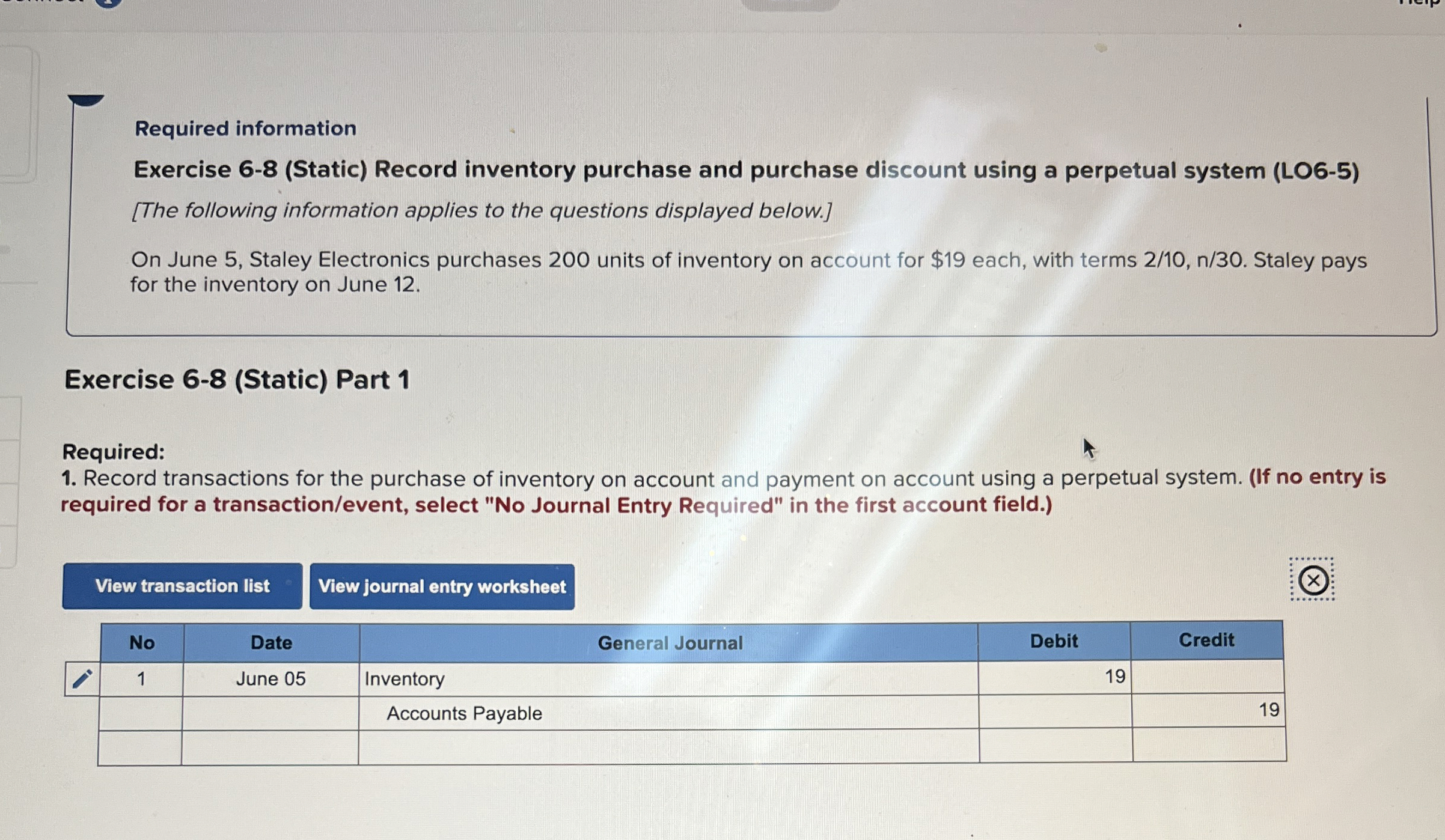  Required information Exercise 6-8(Static) Record inventory purchase and purchase discount using