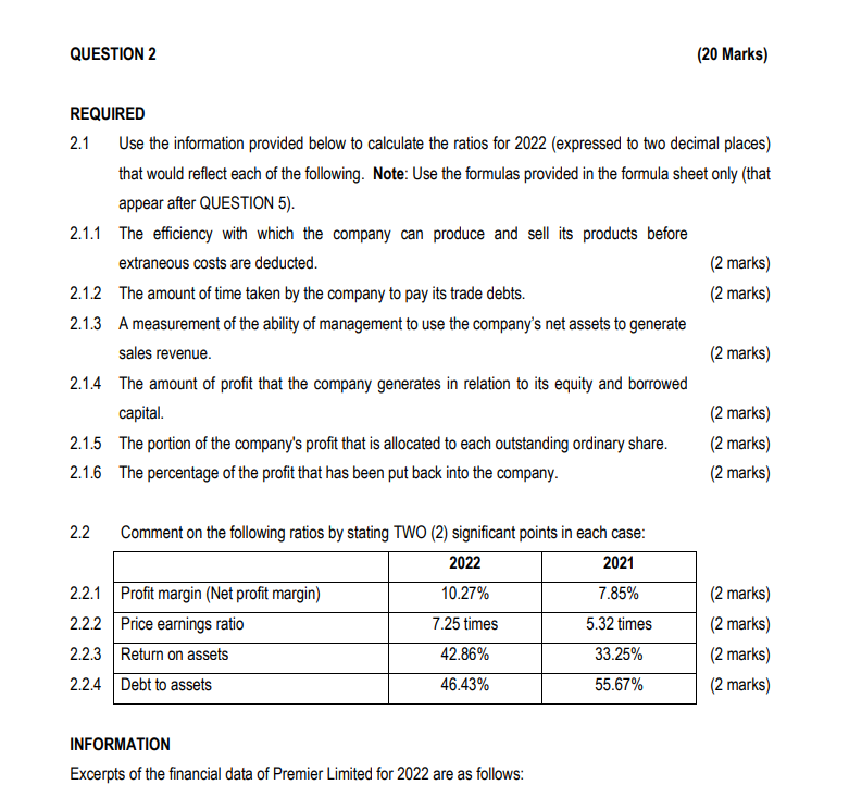  INFORMATION REQUIRED 2.1 Use the information provided below to calculate the