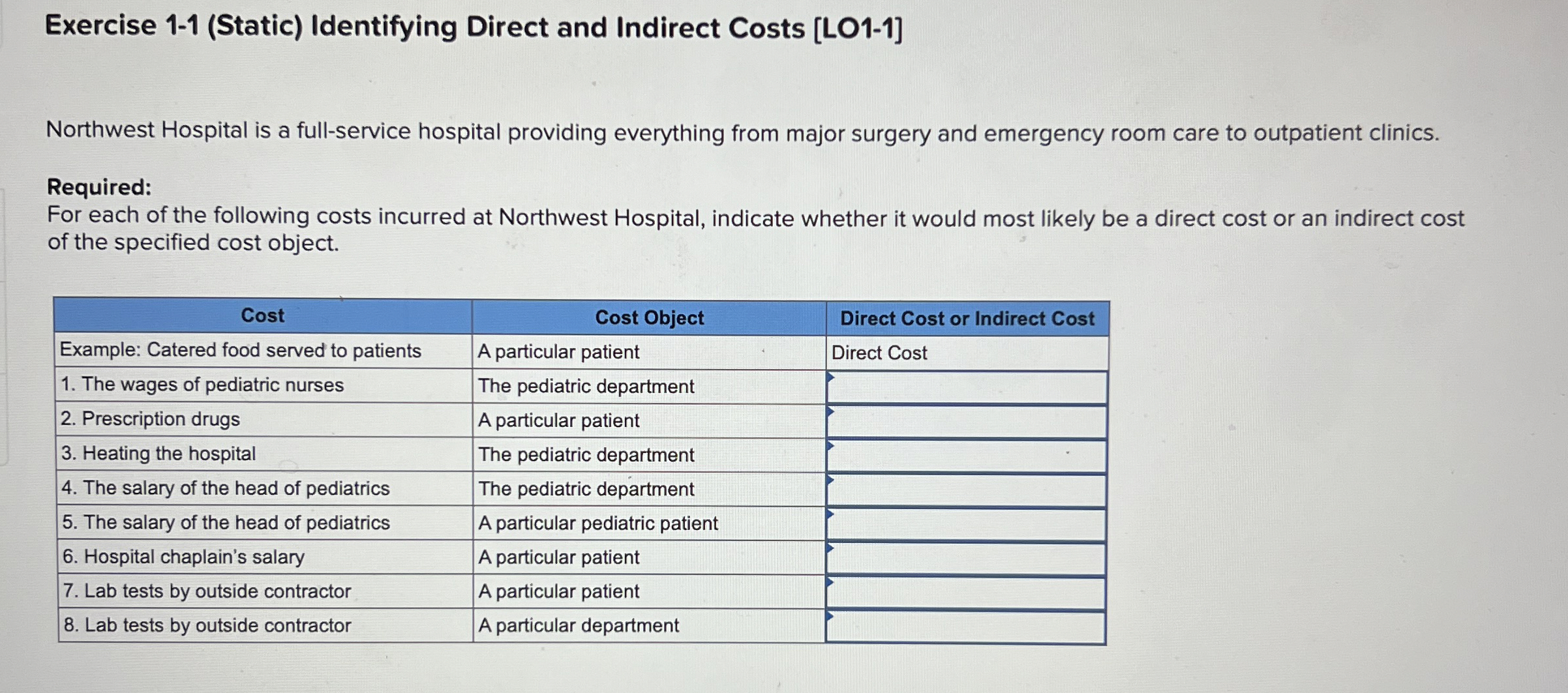  Exercise 1-1(Static) Identifying Direct and Indirect Costs [LO1-1] Northwest Hospital is
