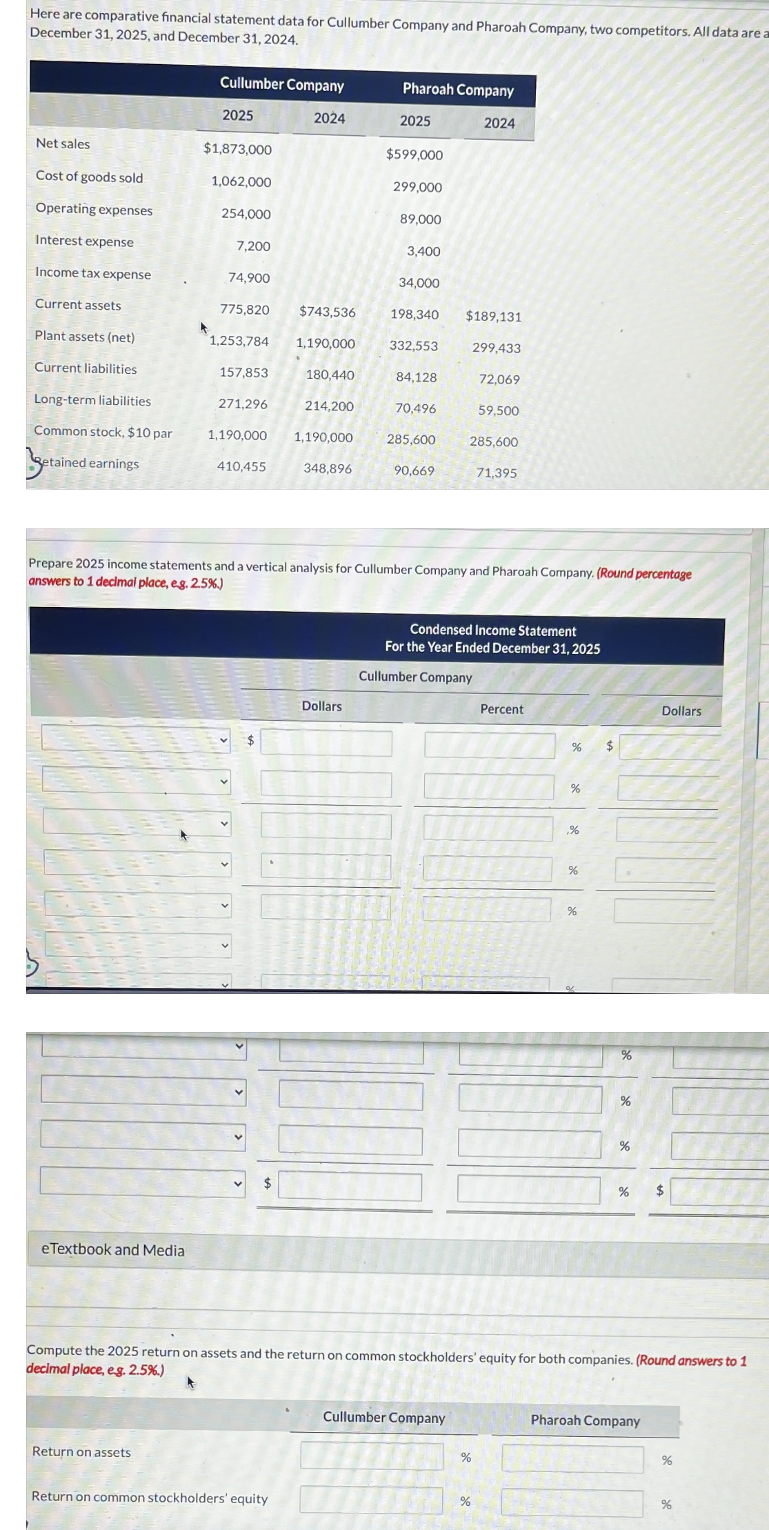  Here are comparative financial statement data for Cullumber Company and Pharoah