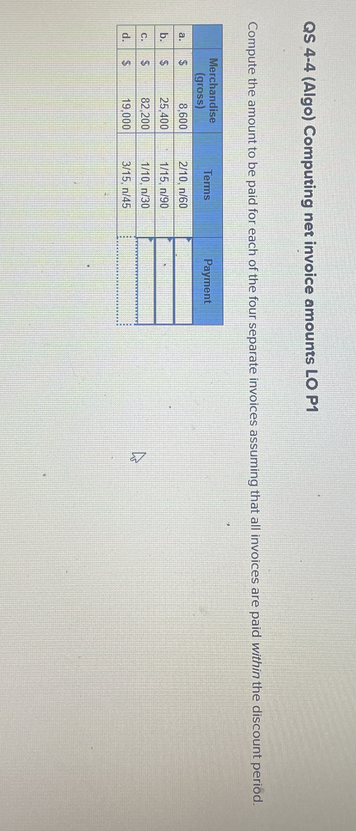  QS 4-4(Algo) Computing net invoice amounts LO P1 Compute the amount