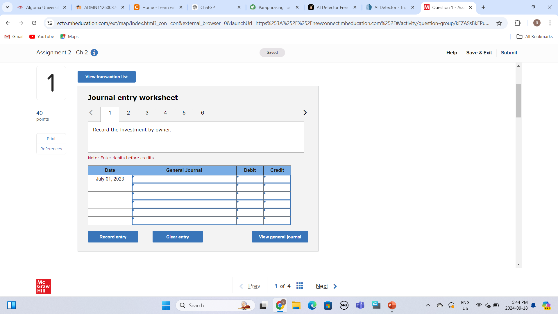  Journal entry worksheet Note: Enter debits before credits. 