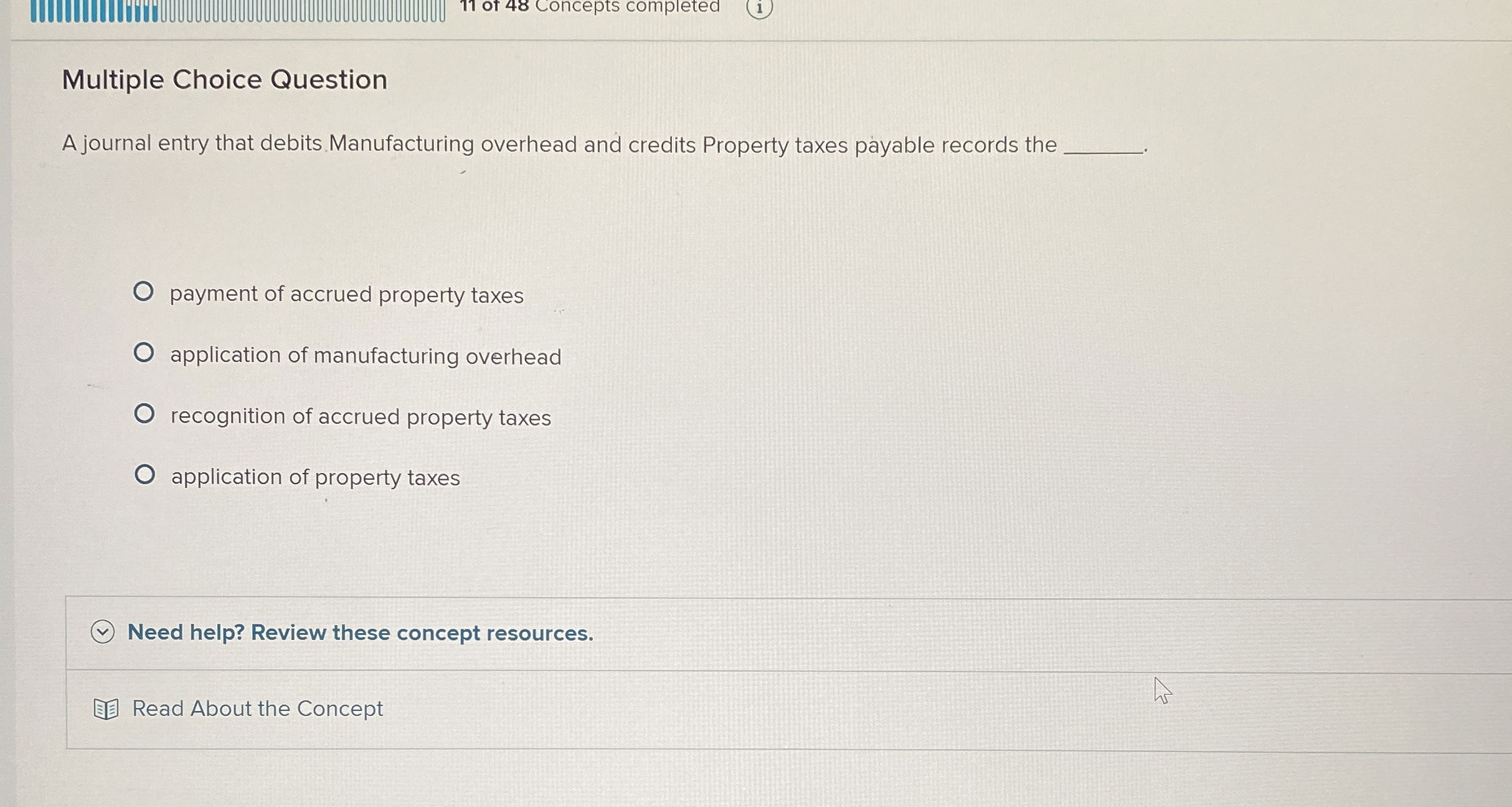  Multiple Choice Question A journal entry that debits. Manufacturing overhead and