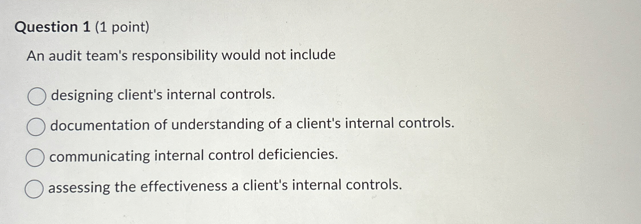  Question 1(1 point) An audit team's responsibility would not include designing