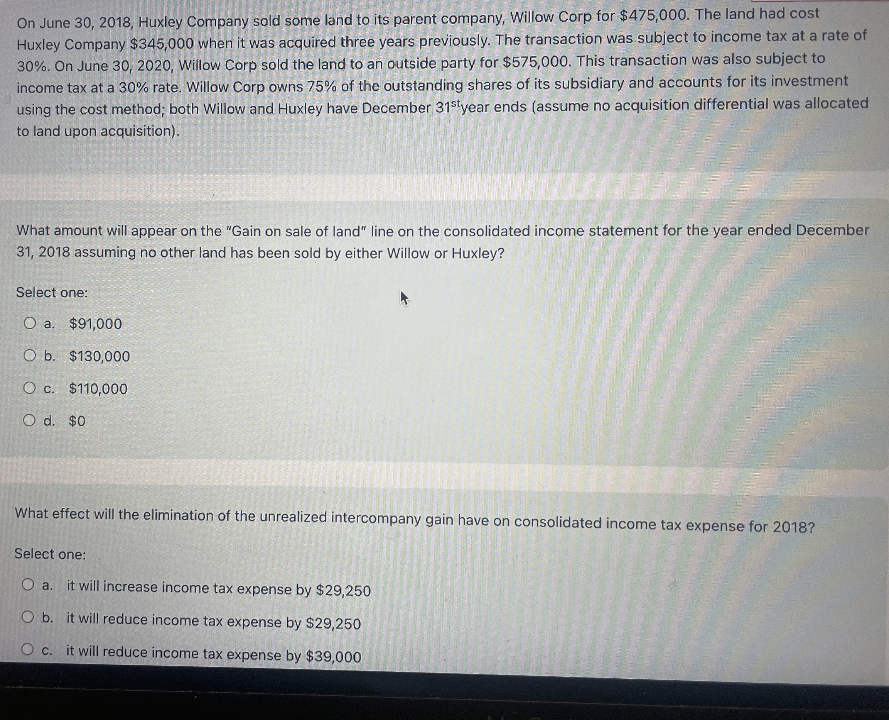  On June 30,2018, Huxley Company sold some land to its parent