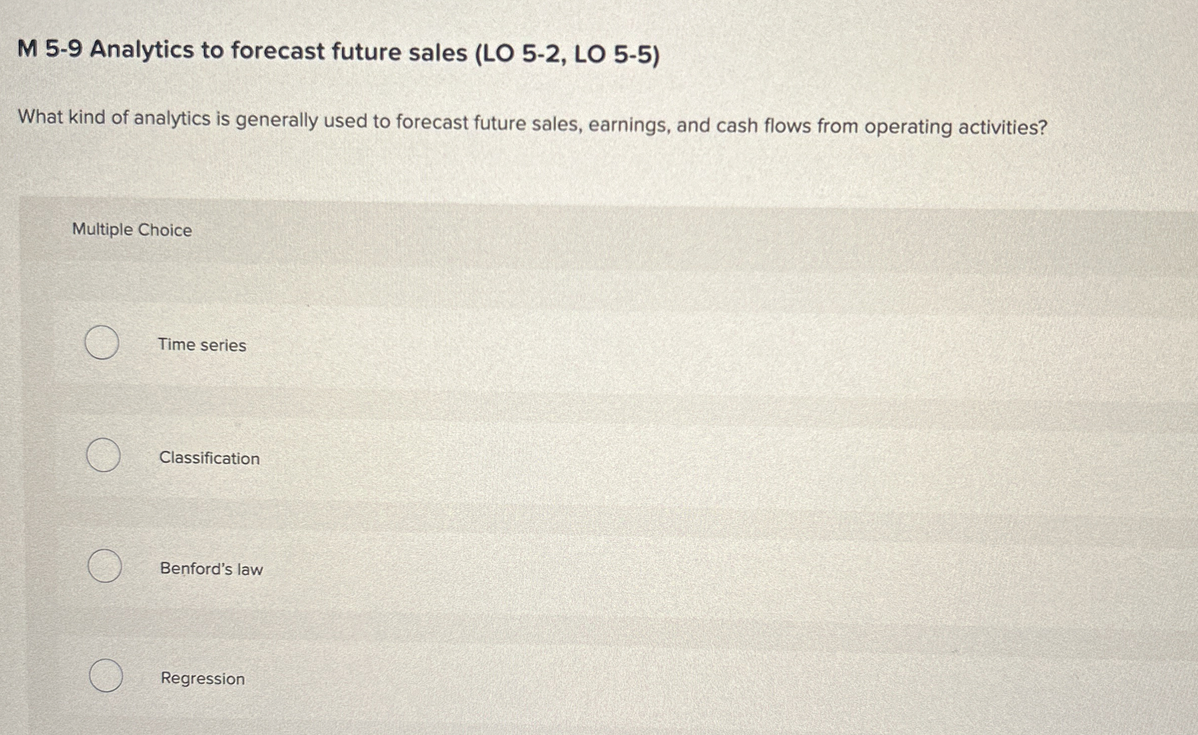  M 5-9 Analytics to forecast future sales (LO 5-2, LO 5-5)