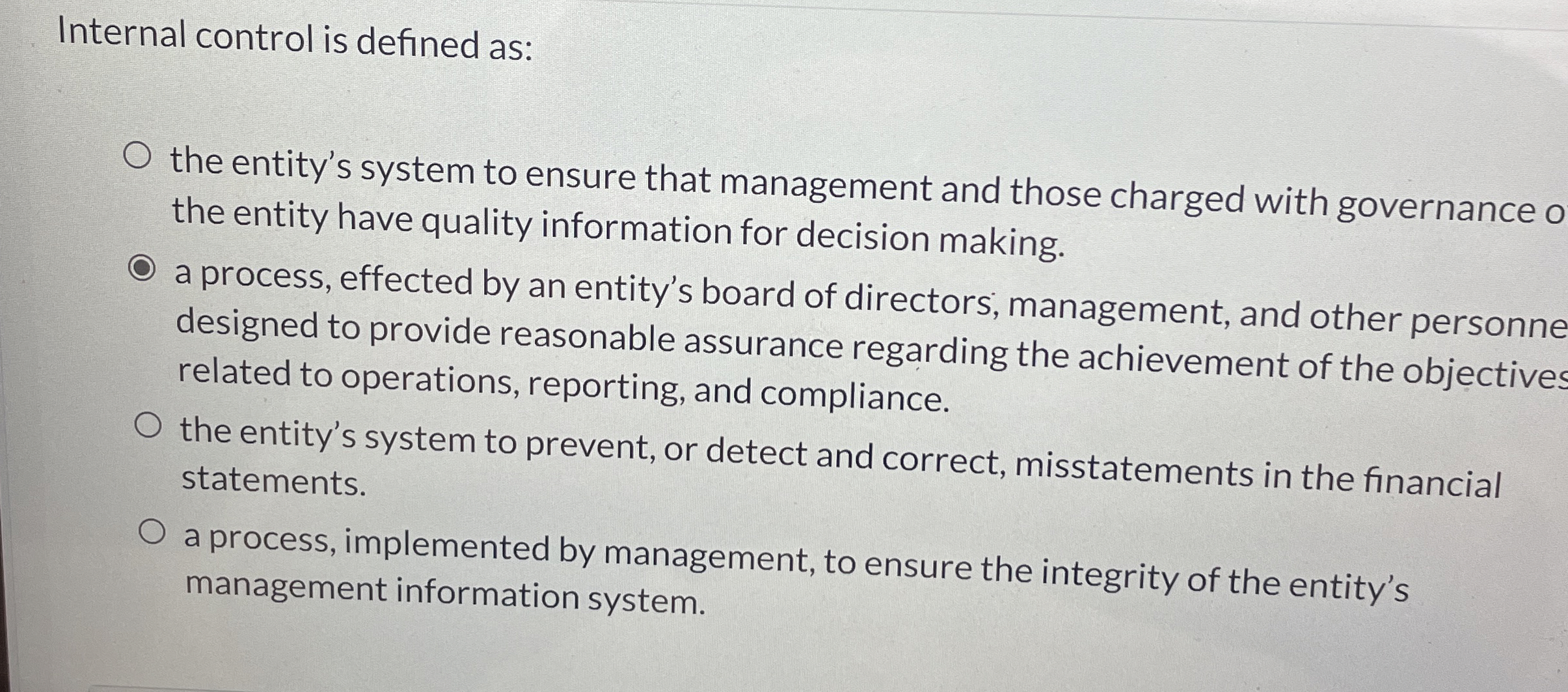  Internal control is defined as: the entity's system to ensure that