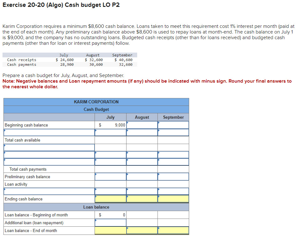  Exercise \(\mathbf{20-20}\)(Algo) Cash budget LO P2 Karim Corporation requires a minimum