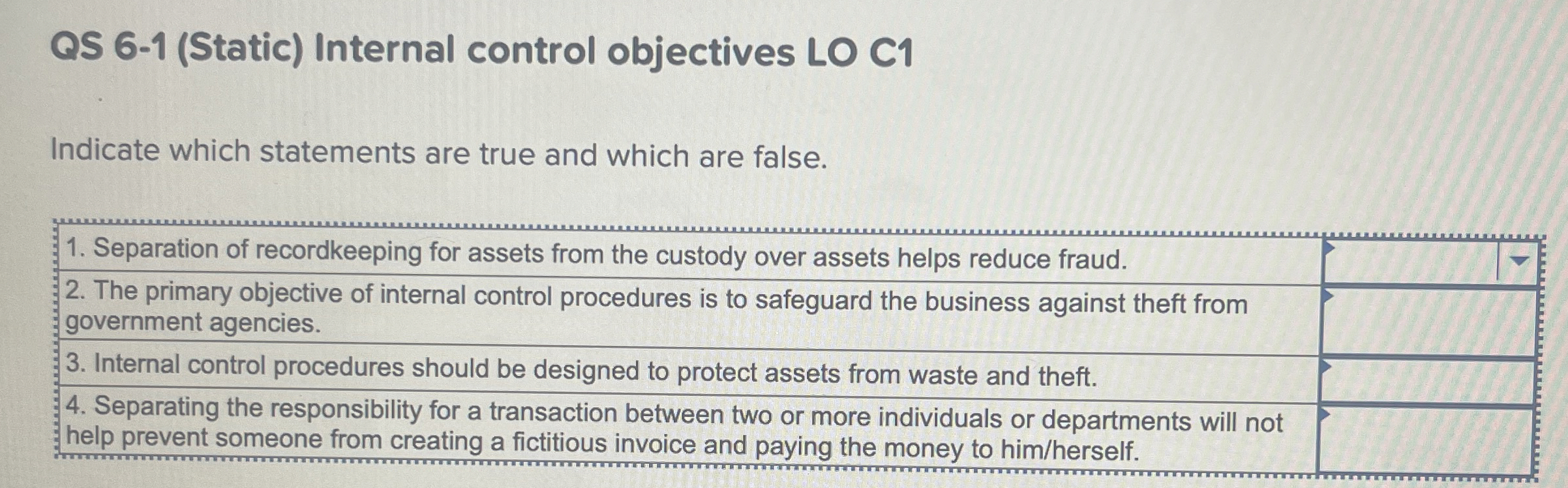  QS 6-1(Static) Internal control objectives LO C1 Indicate which statements are