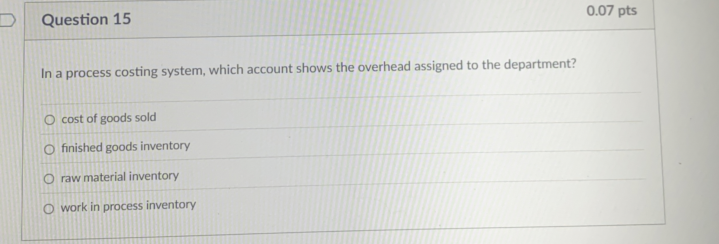  Question 15 In a process costing system, which account shows the