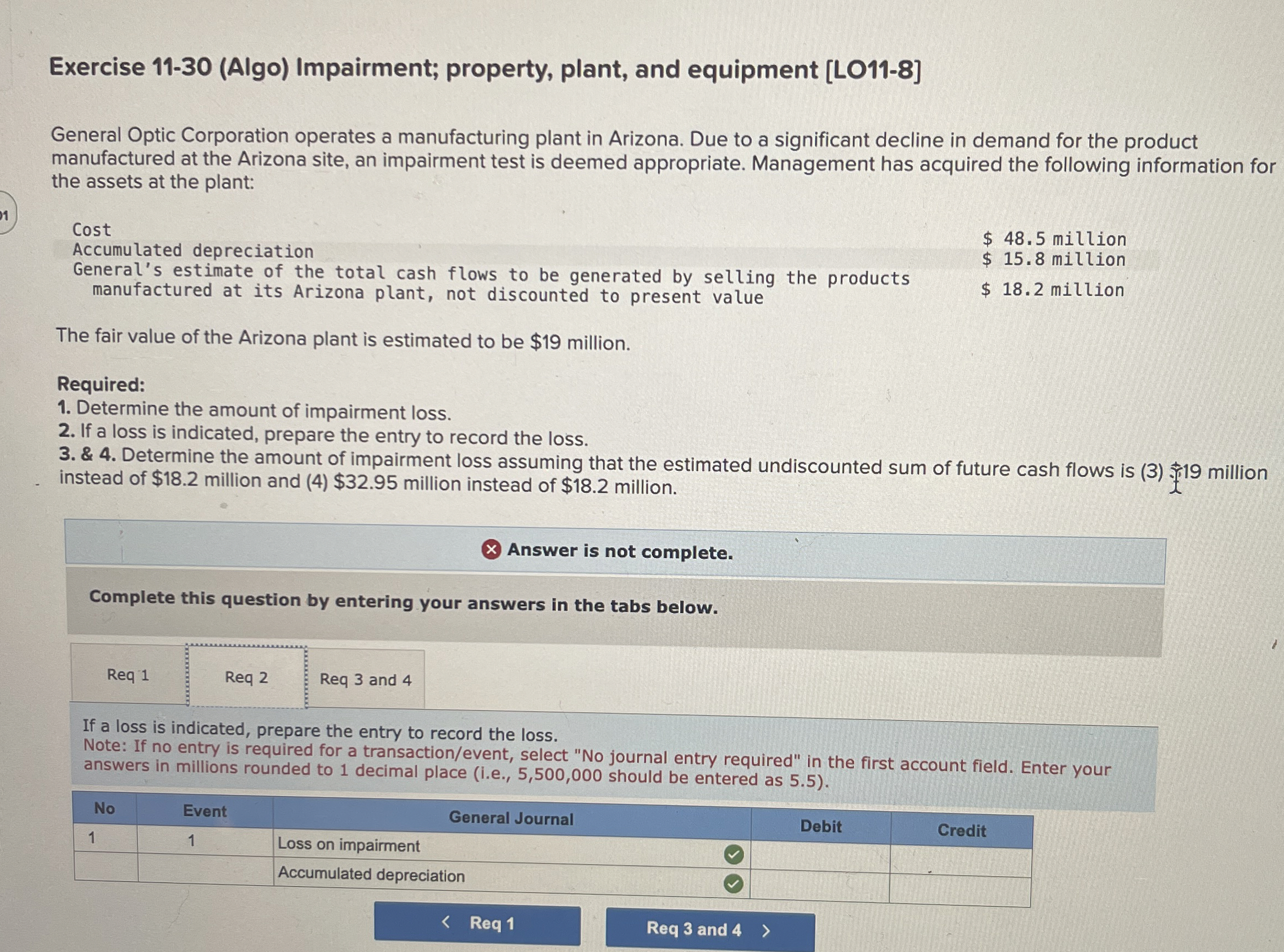  Exercise 11-30(Algo) Impairment; property, plant, and equipment [LO11-8] General Optic Corporation