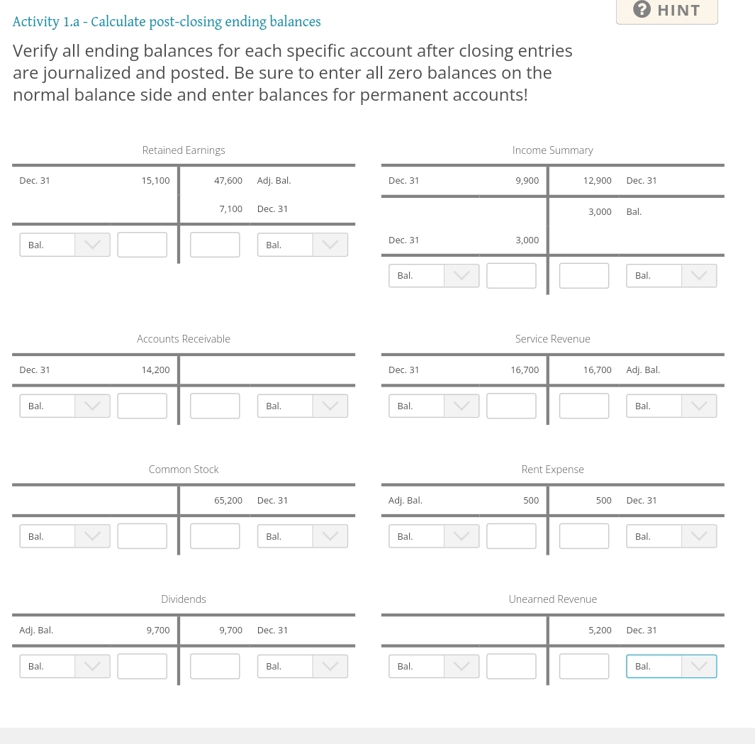  Activity 1.a - Calculate post-closing ending balances Verify all ending balances