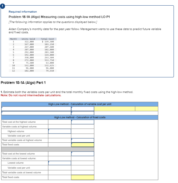  Problem 18-1A (Algo) Part 2 Predict future total costs when sales