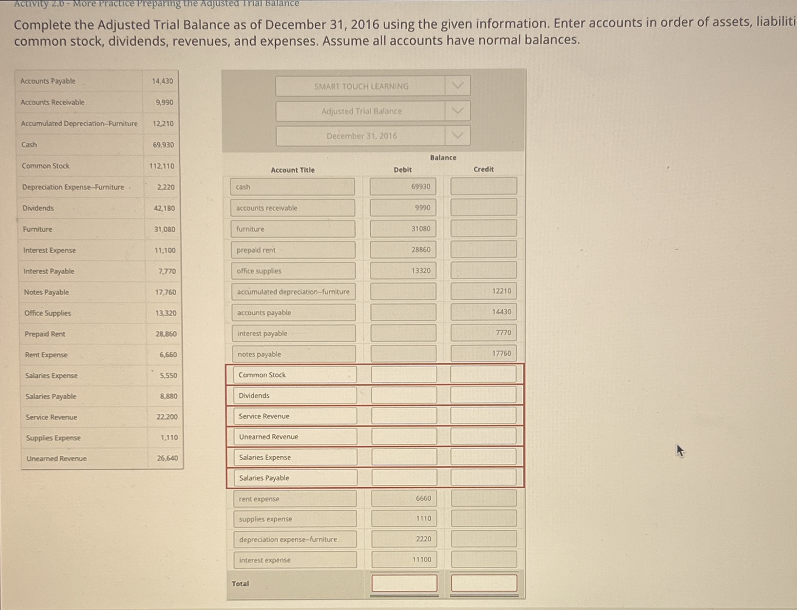  Activity 2.0- More Practice Preparing the Adjusted Irlal Balance Complete the