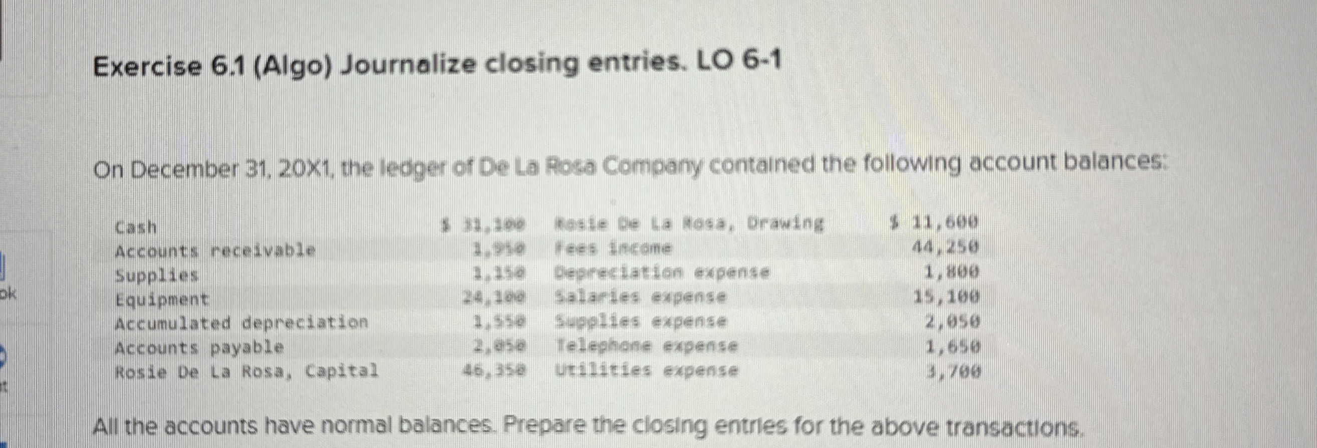  Exercise 6.1(Algo) Journalize closing entries. LO 6-1 On December 31,20\times 1,