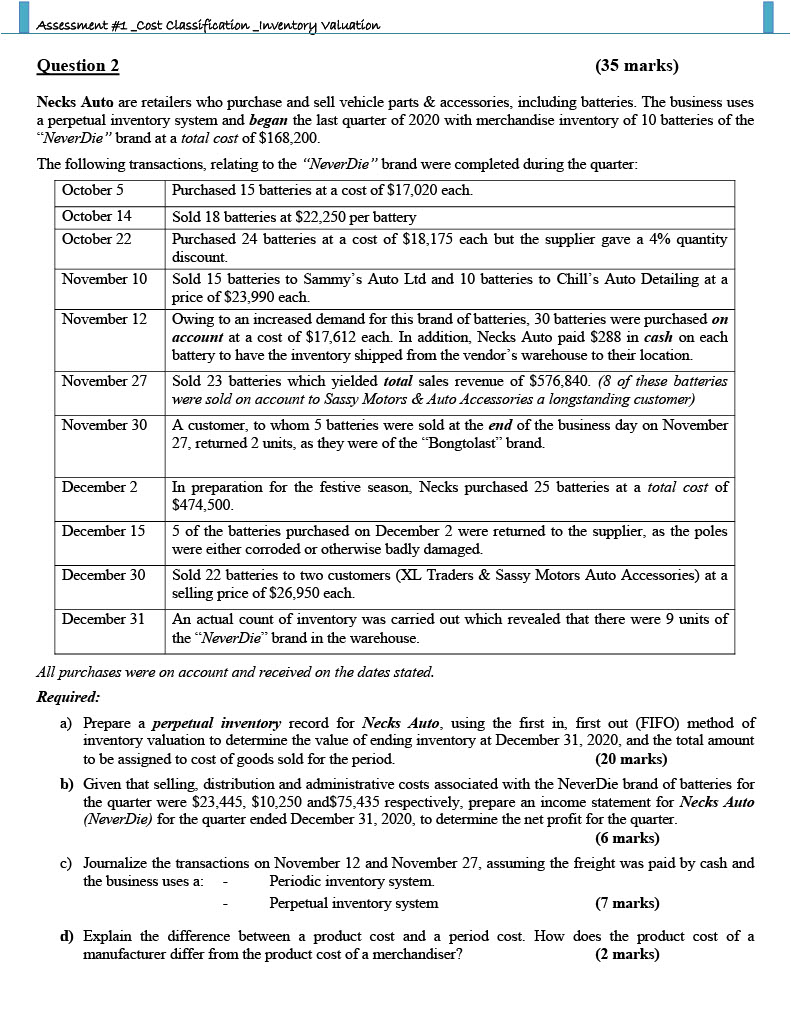  Question 2 (35 marks) Necks Auto are retailers who purchase and