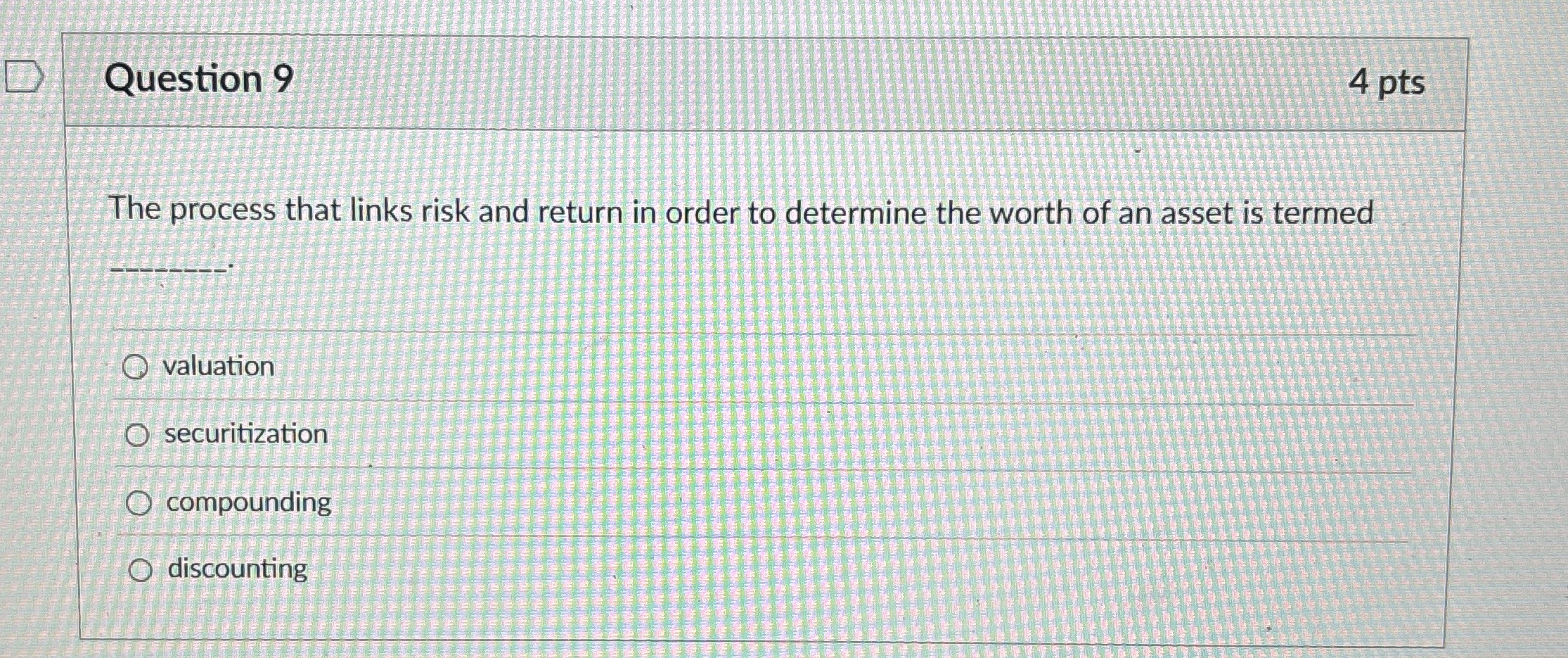  Question 9 The process that links risk and return in order