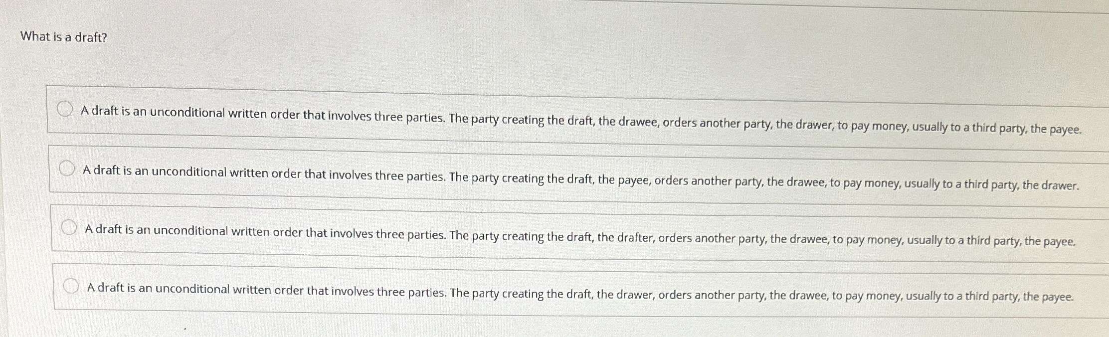  What is a draft? A draft is an unconditional written order