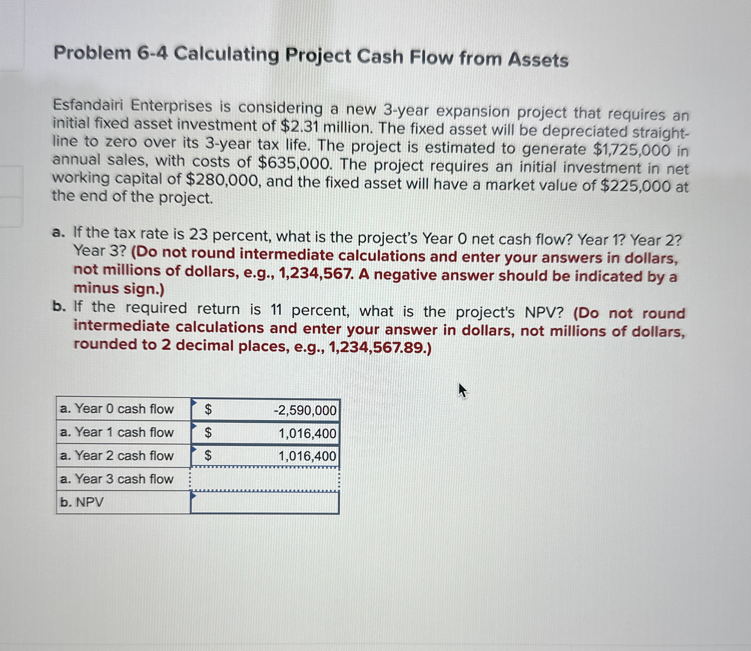  Problem 6-4 Calculating Project Cash Flow from Assets Esfandairi Enterprises is