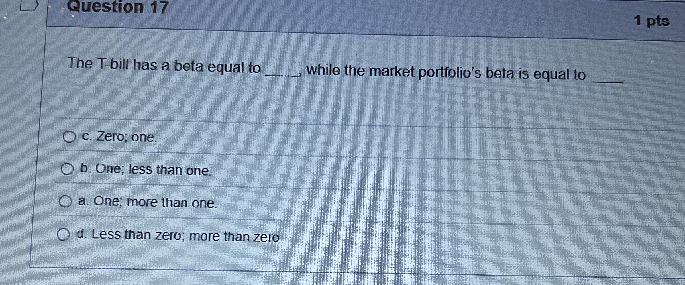 Question 17 The T-bill has a beta equal to while the