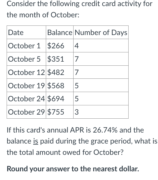  If this card's annual APR is \(26.74\%\) and the balance is