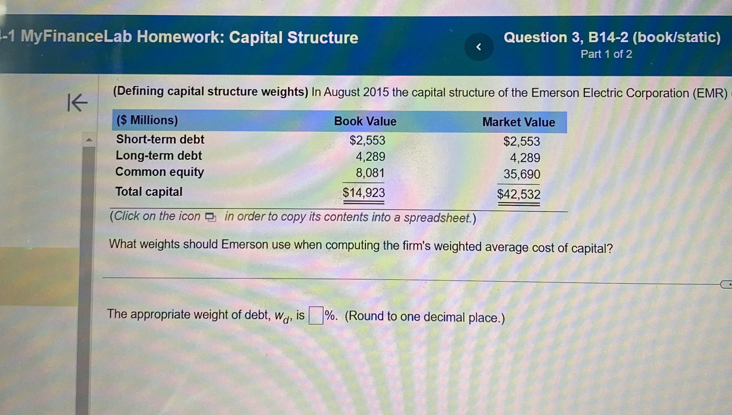  (Defining capital structure weights) In August 2015 the capital structure of