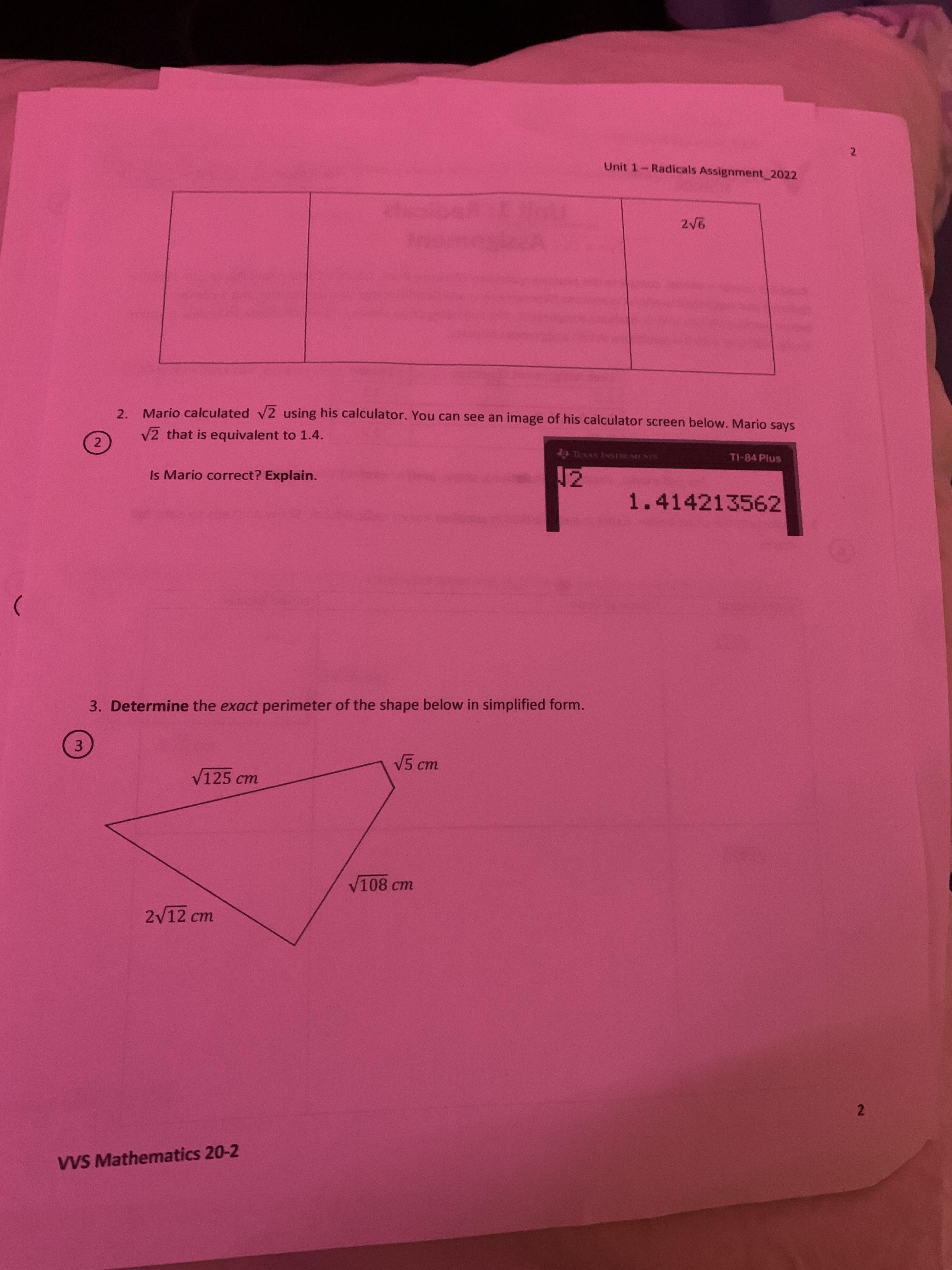  Unit 1 - Radicals Assignment_2022 216 2. Mario calculated v2 using
