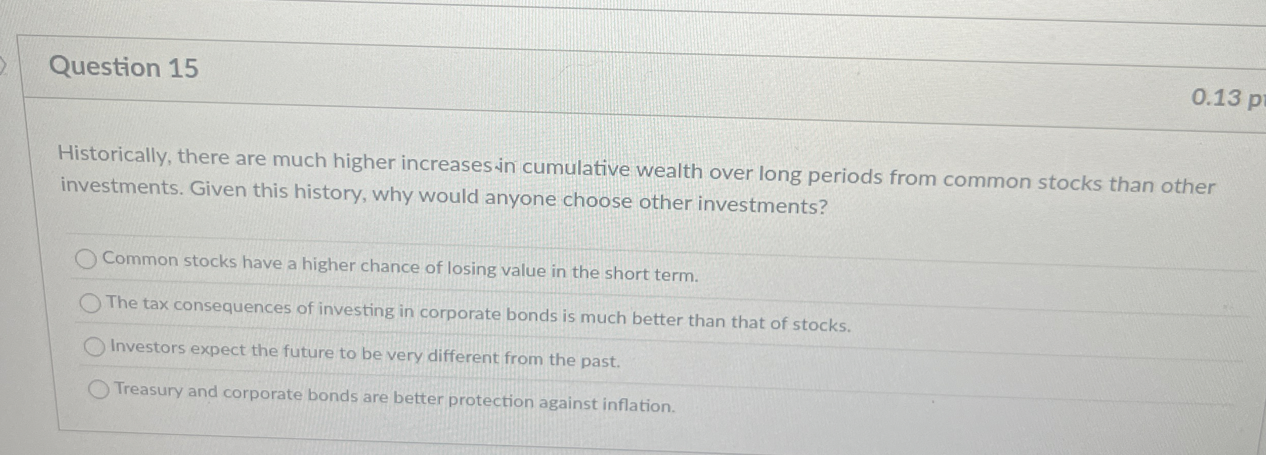  Question 15 Historically, there are much higher increases in cumulative wealth