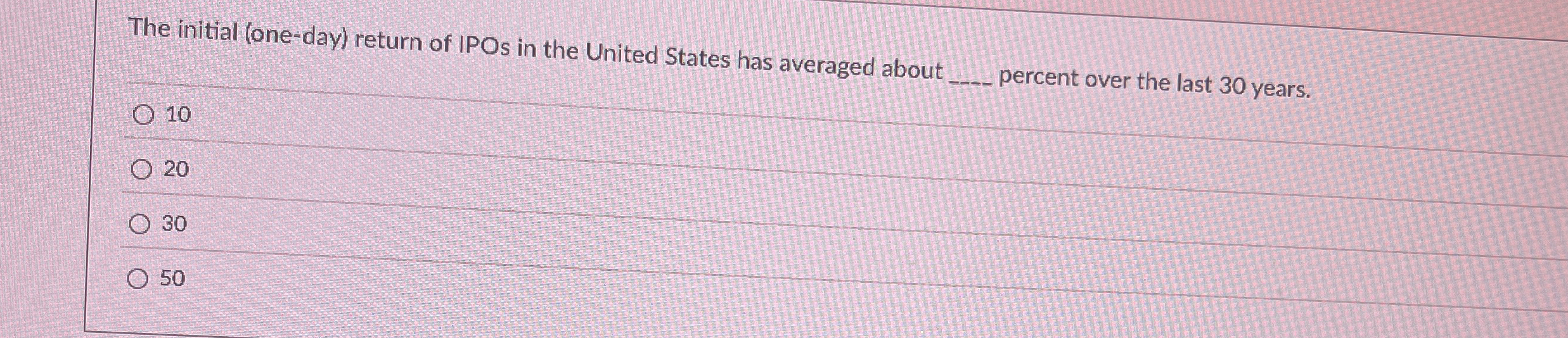  The initial (one-day) return of IPOs in the United States has