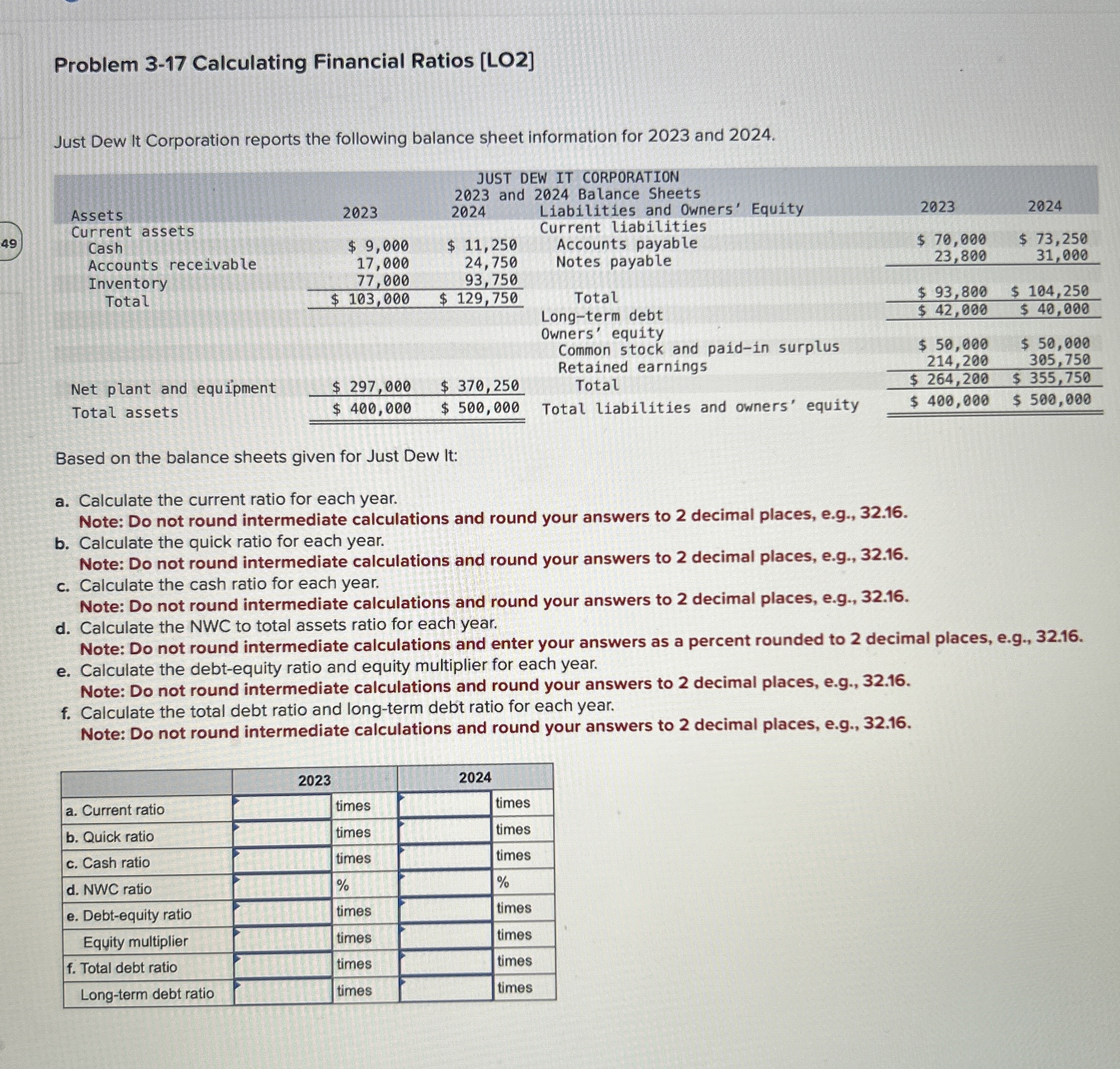  Problem 3-17 Calculating Financial Ratios [LO2] Just Dew it Corporation reports