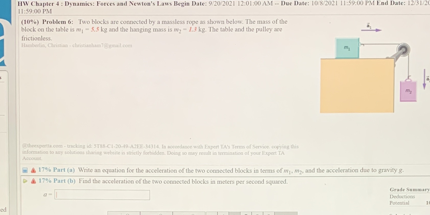 HW Chapter 4 : Dynamics: Forces and Newton's Laws Begin Date: