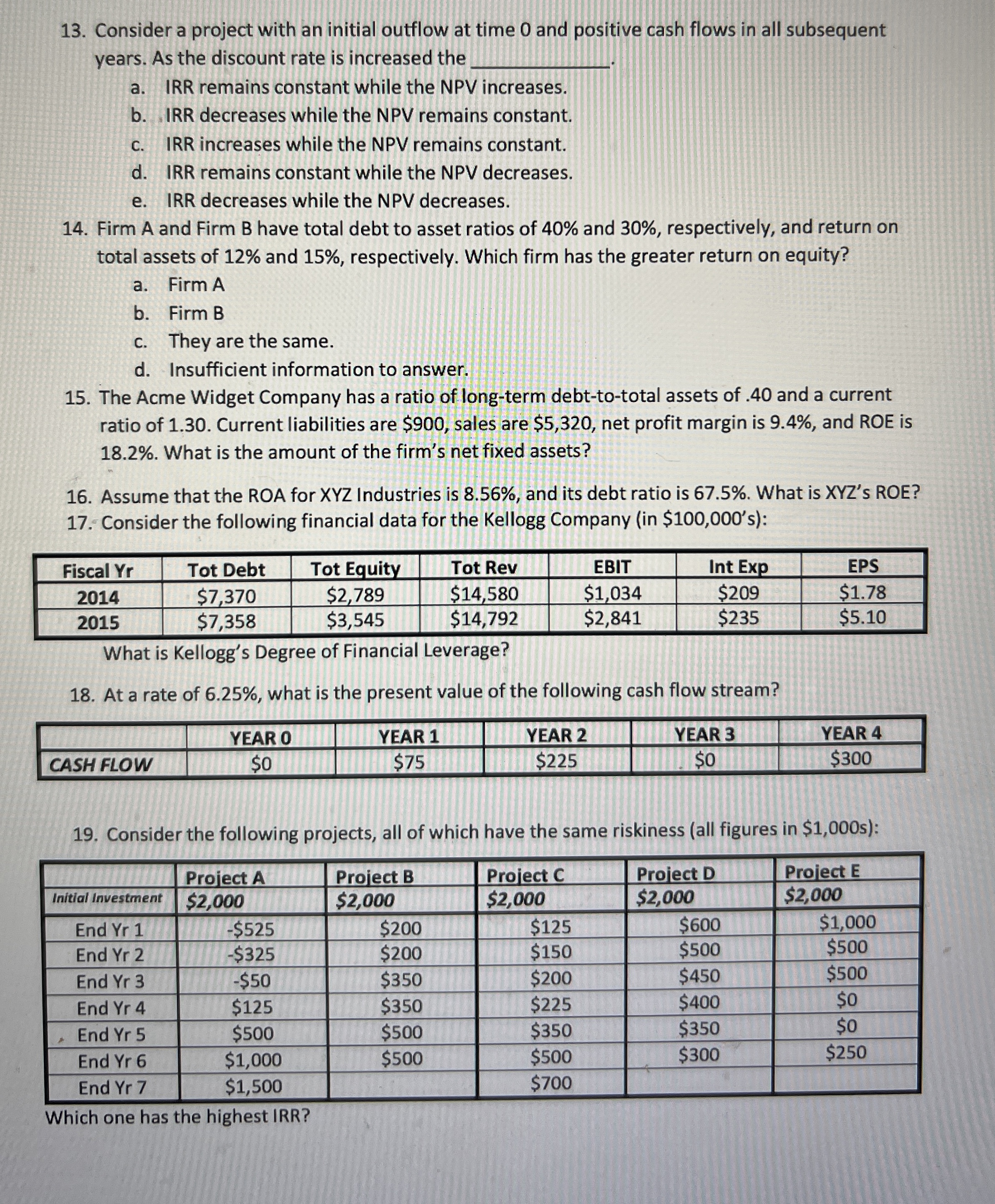  Consider a project with an initial outflow at time 0 and