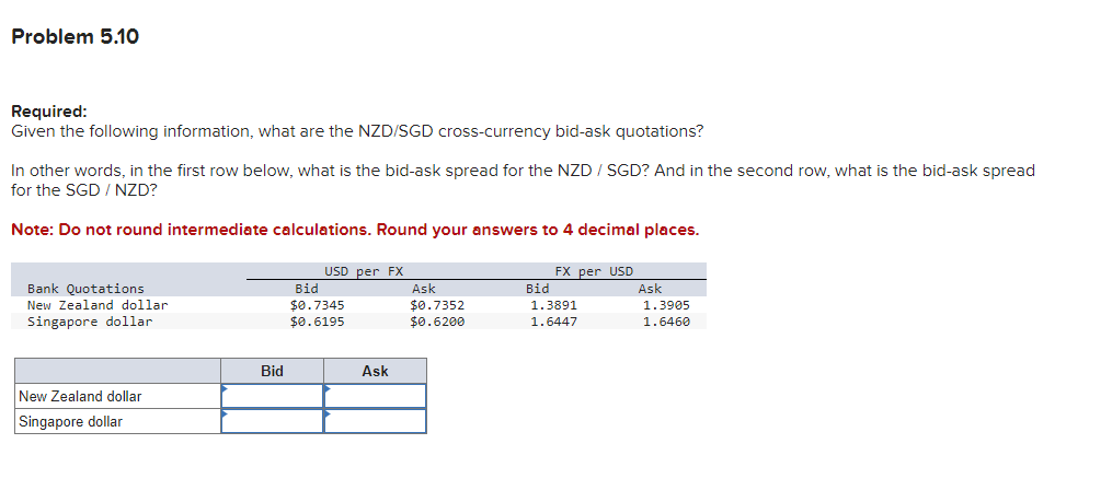  Problem 5.10 Required: Given the following information, what are the NZD/SGD