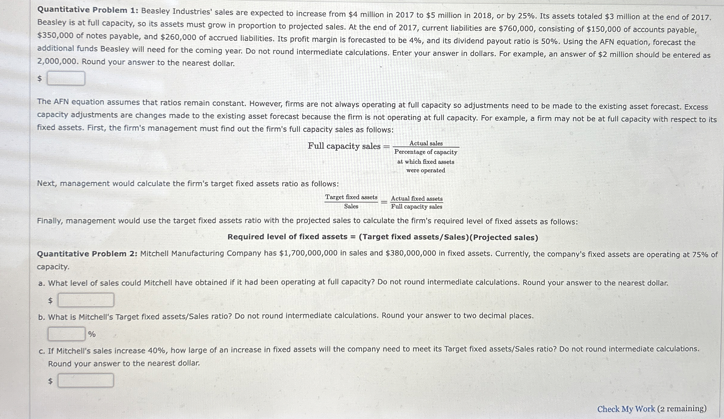  Quantitative Problem 1: Beasley Industries' sales are expected to increase from