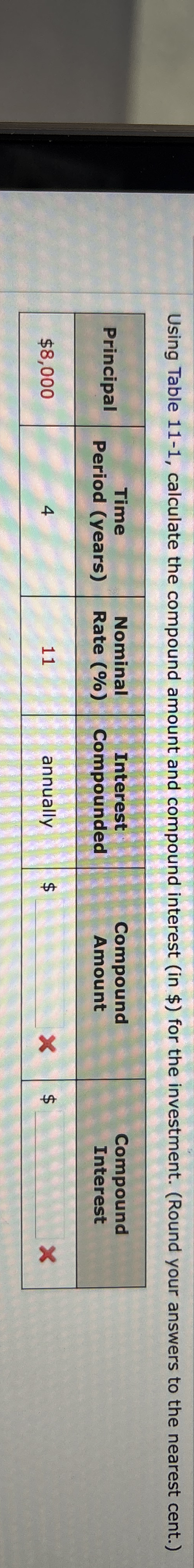  Using Table 11-1, calculate the compound amount and compound interest (in