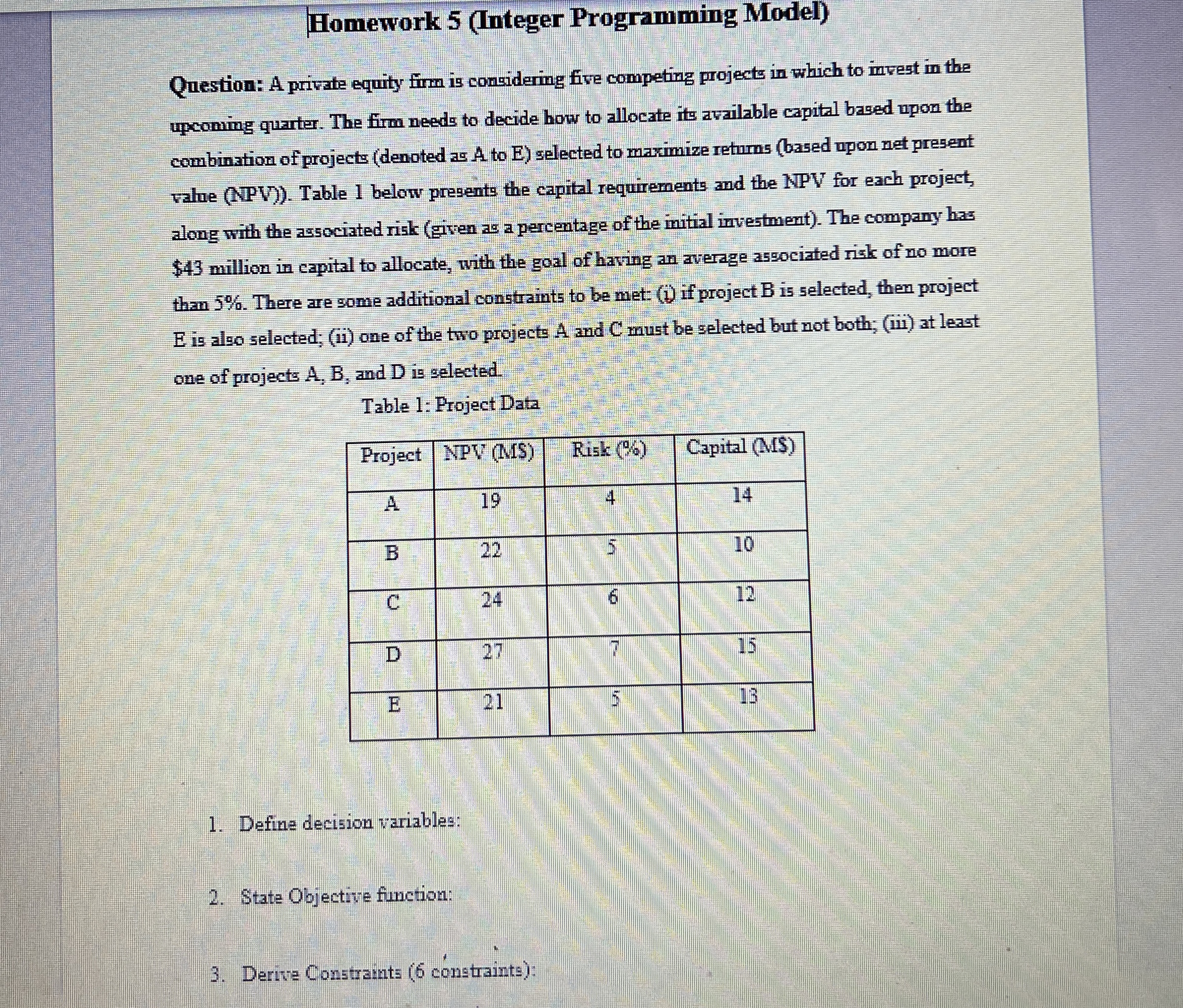  Homework 5(Integer Programming Model) Question: A private equity firm is considering