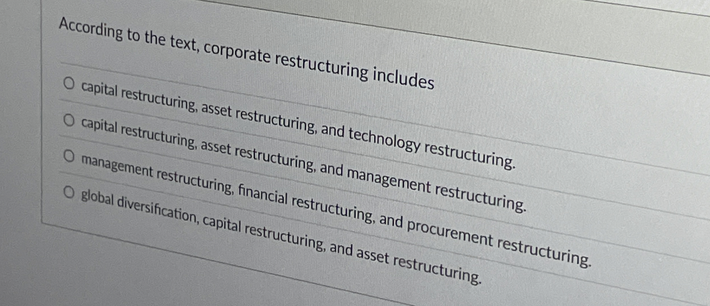  According to the text, corporate restructuring includes capital restructuring, asset restructuring,