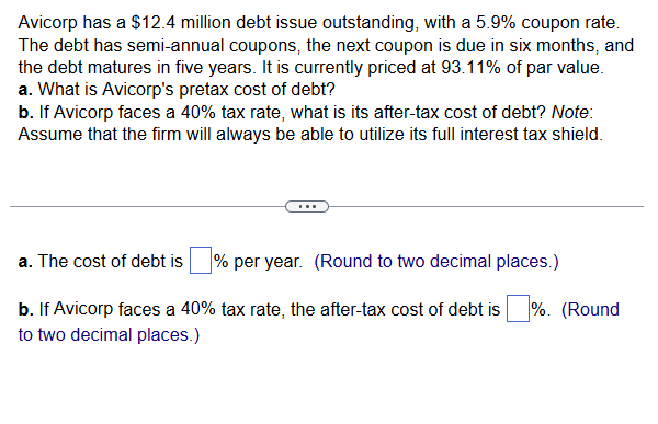  Avicorp has a \(\$ 12.4\) million debt issue outstanding, with a