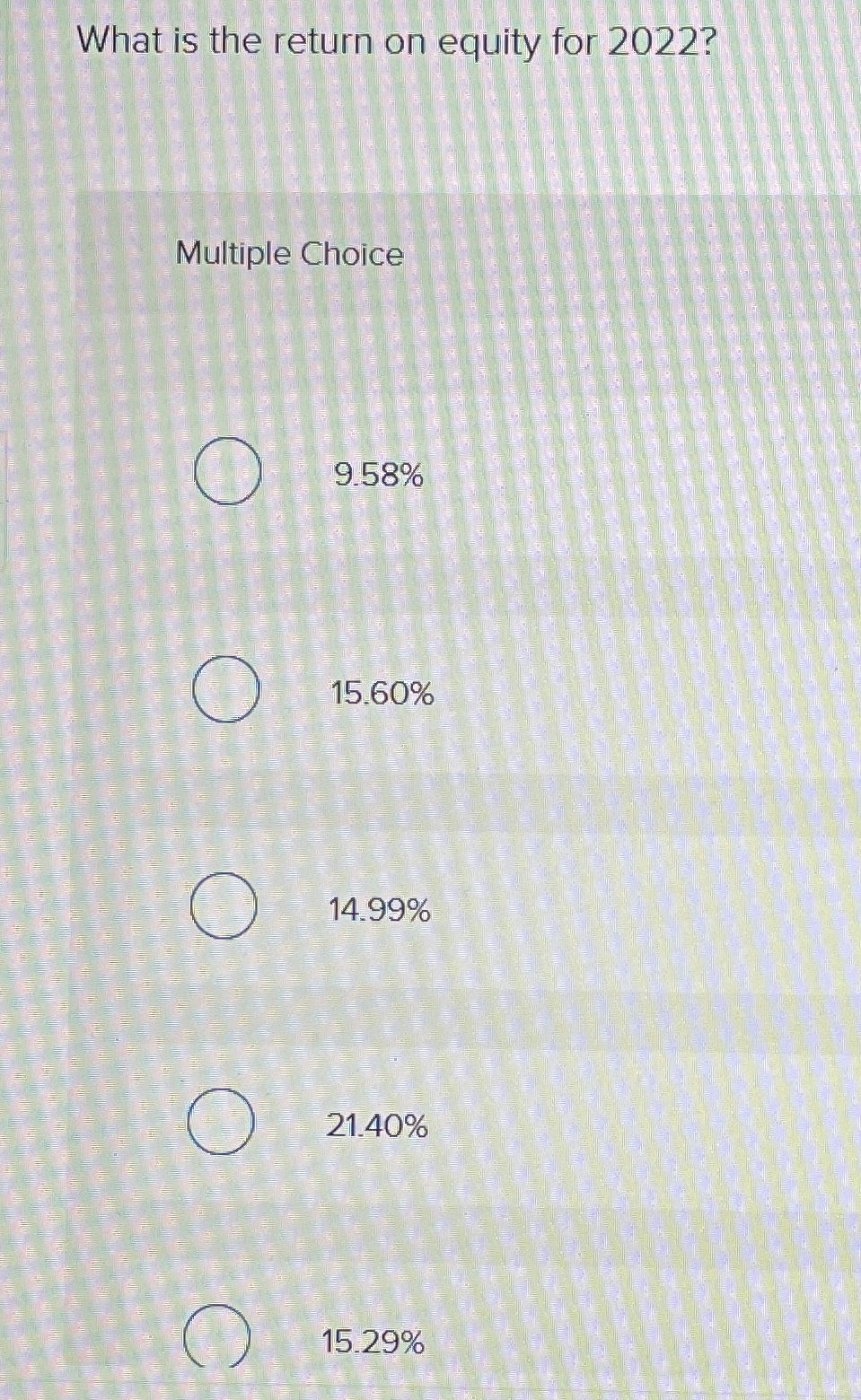  What is the return on equity for 2022? Multiple Choice 9.58%